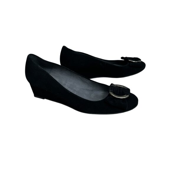NWOT Stuart Weitzman Caring Black Suede Wedge Pump women's size 7.5 - Picture 2 of 11